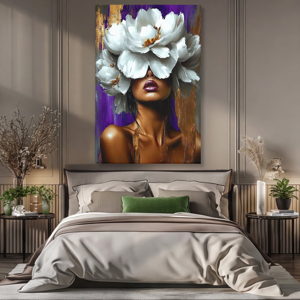 Tablou Canvas Premium, LuxCanva® G1187, Petale in Amurg Violet, Aur, Alb, Mov, Petale, Corola, Regina, Imperial, Tacere, Imaculat, Luxuriant, Eteric, Frumusete, Vis, Birou, Living, Dormitor