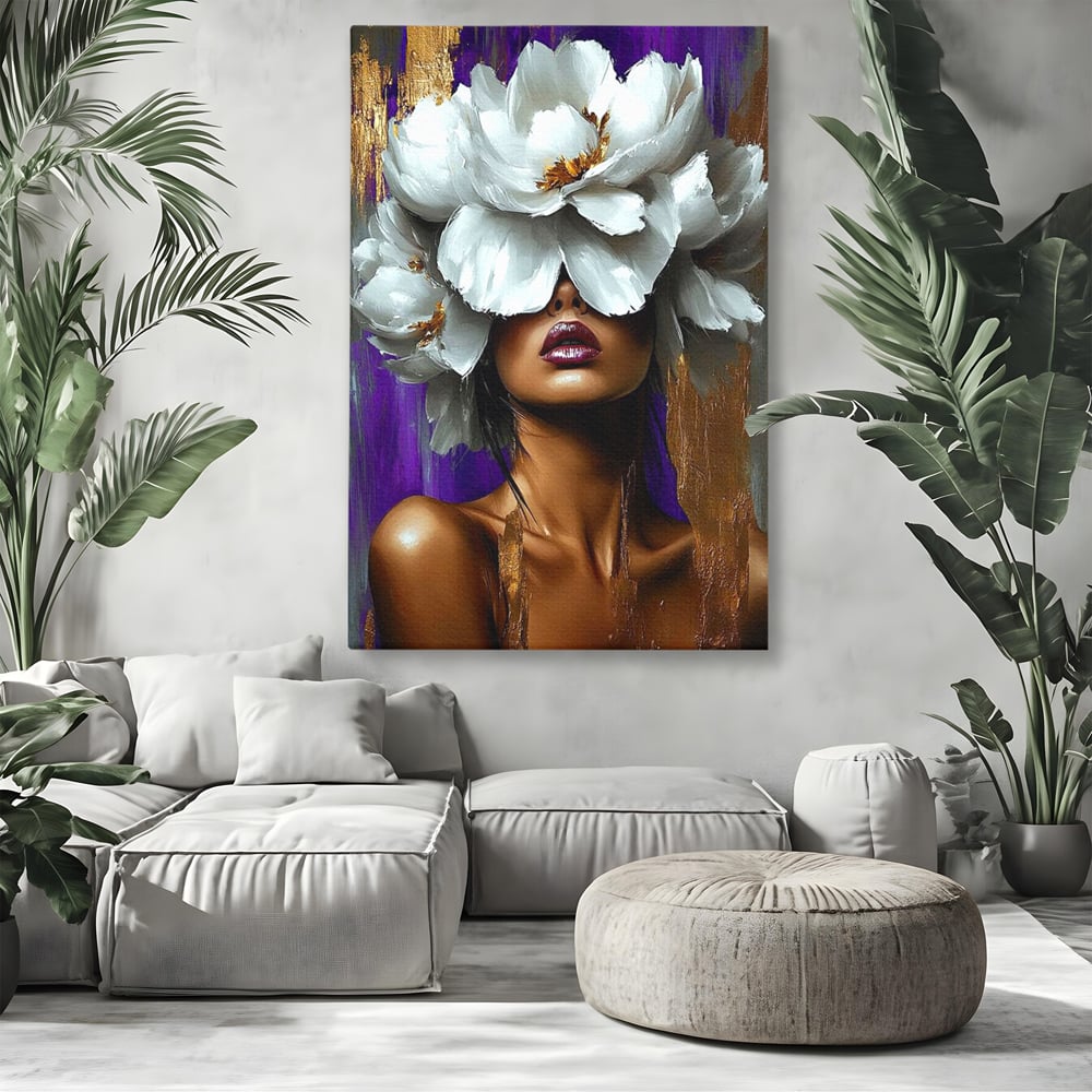 Tablou Canvas Premium, LuxCanva® G1187, Petale in Amurg Violet, Aur, Alb, Mov, Petale, Corola, Regina, Imperial, Tacere, Imaculat, Luxuriant, Eteric, Frumusete, Vis, Birou, Living, Dormitor