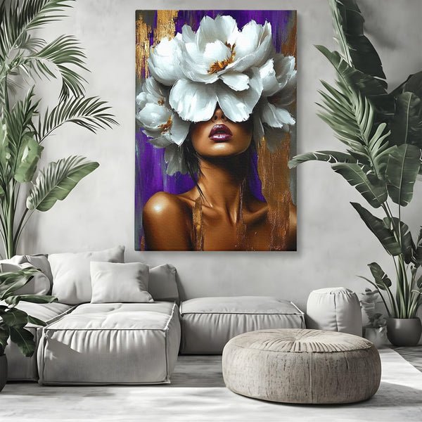Tablou Canvas Premium, LuxCanva® G1187, Petale in Amurg Violet, Aur, Alb, Mov, Petale, Corola, Regina, Imperial, Tacere, Imaculat, Luxuriant, Eteric, Frumusete, Vis, Birou, Living, Dormitor