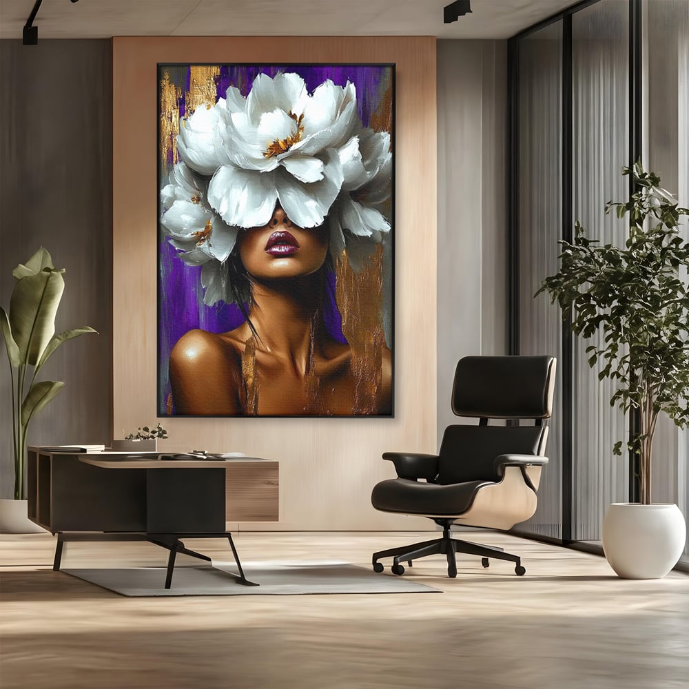 Tablou Canvas Premium, LuxCanva® G1187, Petale in Amurg Violet, Aur, Alb, Mov, Petale, Corola, Regina, Imperial, Tacere, Imaculat, Luxuriant, Eteric, Frumusete, Vis, Birou, Living, Dormitor