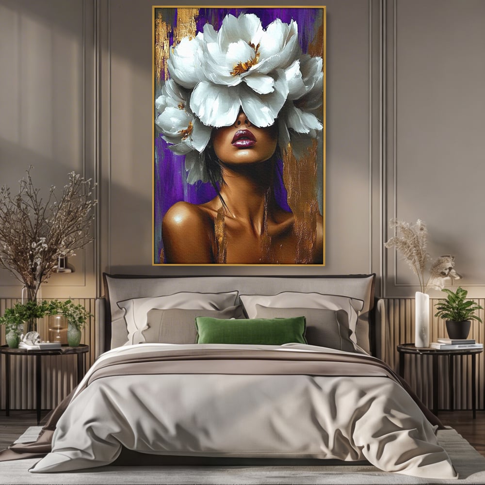 Tablou Canvas Premium, LuxCanva® G1187, Petale in Amurg Violet, Aur, Alb, Mov, Petale, Corola, Regina, Imperial, Tacere, Imaculat, Luxuriant, Eteric, Frumusete, Vis, Birou, Living, Dormitor