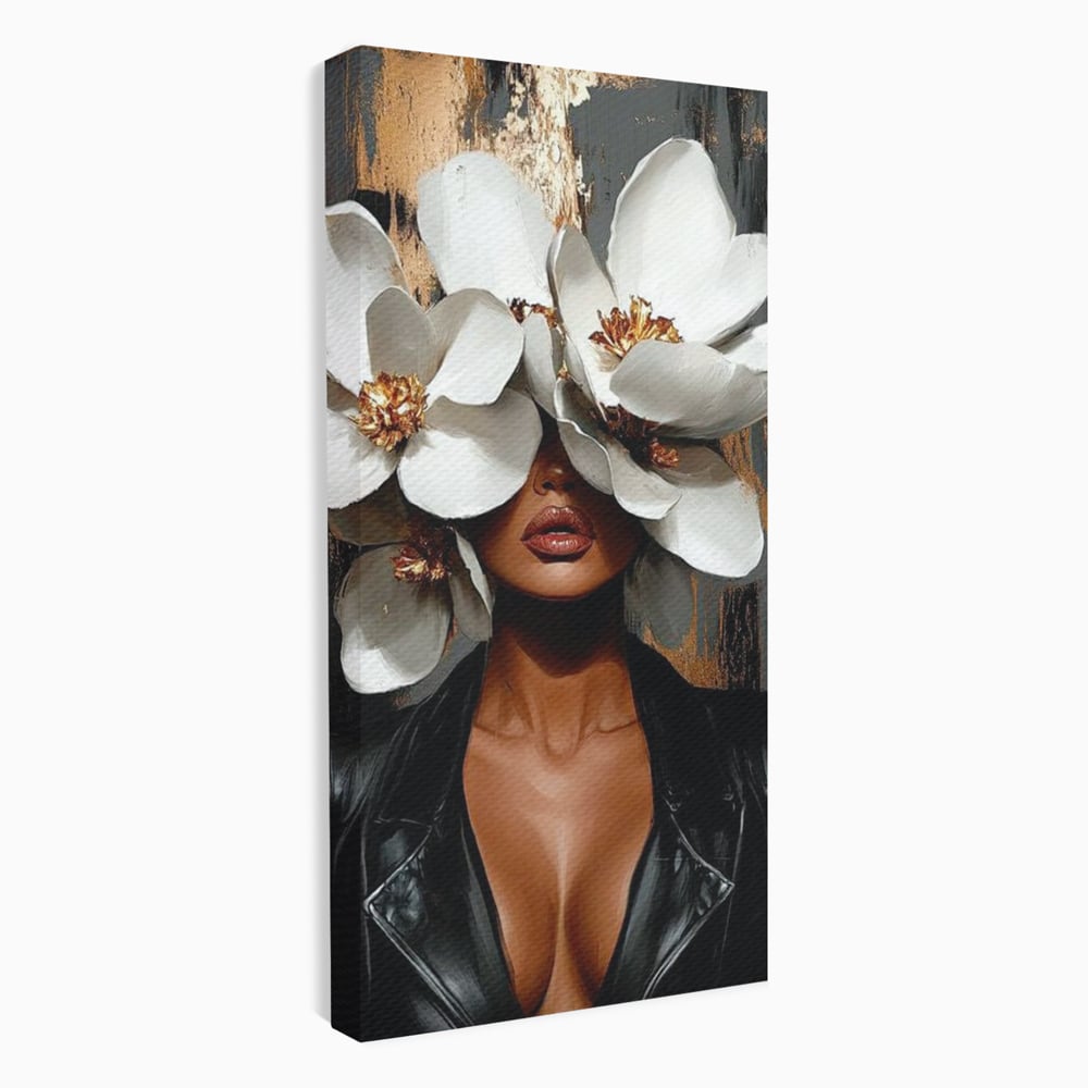 Tablou Canvas Premium, LuxCanva® G1188, Magnolii si Piele, Fragil, Jacheta, Piele, Senzualitate, Fashion, Art, Forta, Gratie, Monocrom, Taina, Trup, Atitudine, Birou, Living, Dormitor