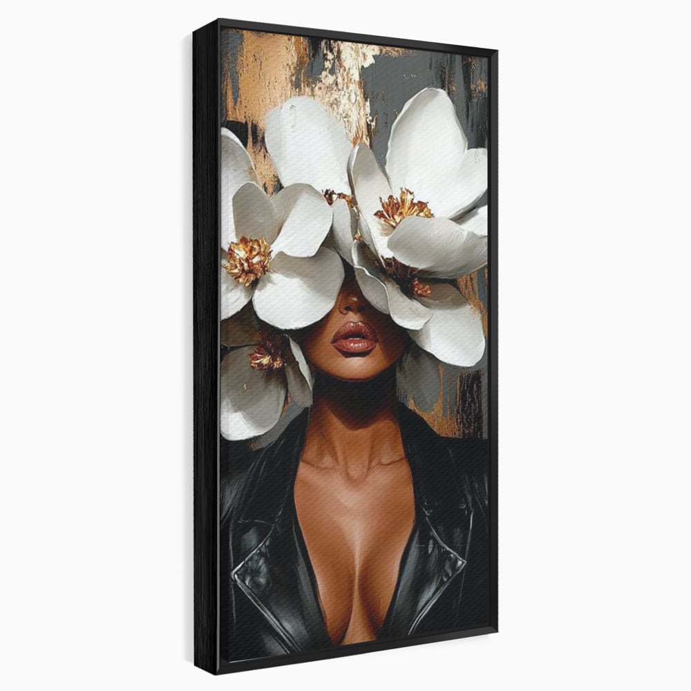 Tablou Canvas Premium, LuxCanva® G1188, Magnolii si Piele, Fragil, Jacheta, Piele, Senzualitate, Fashion, Art, Forta, Gratie, Monocrom, Taina, Trup, Atitudine, Birou, Living, Dormitor