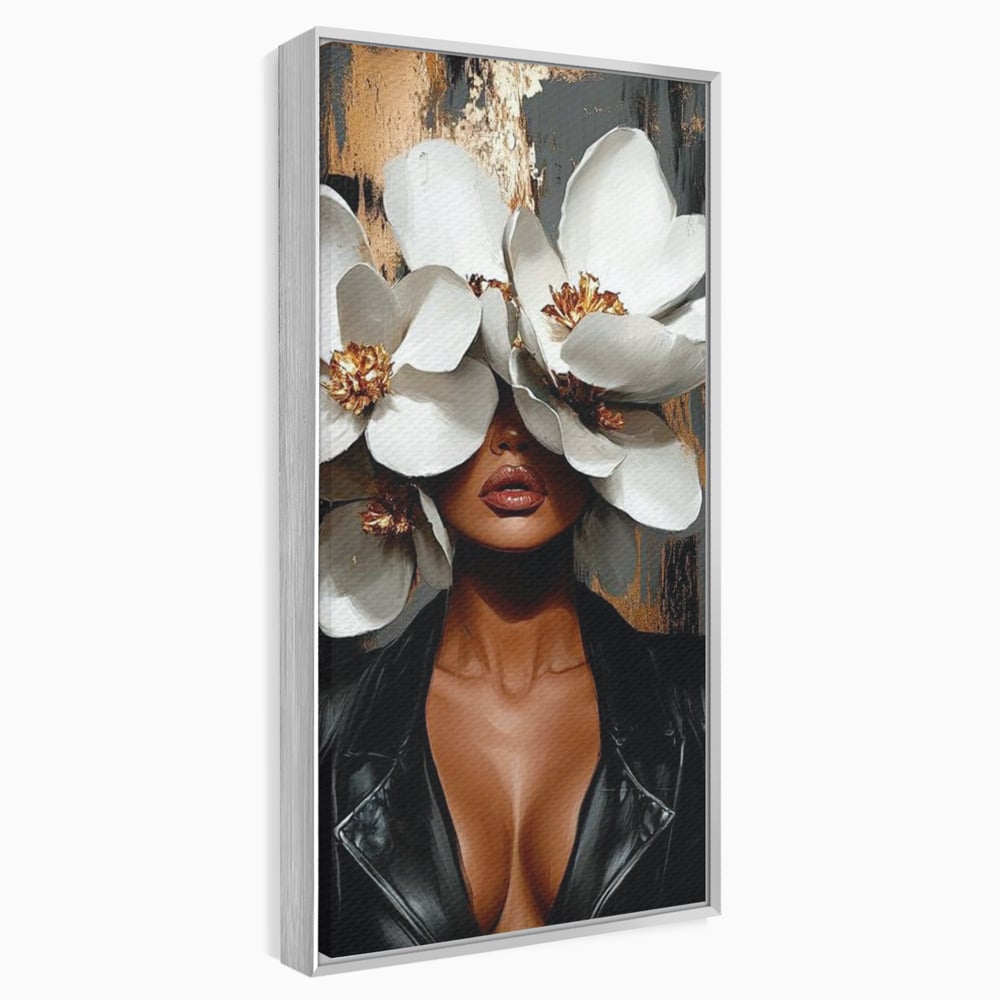 Tablou Canvas Premium, LuxCanva® G1188, Magnolii si Piele, Fragil, Jacheta, Piele, Senzualitate, Fashion, Art, Forta, Gratie, Monocrom, Taina, Trup, Atitudine, Birou, Living, Dormitor