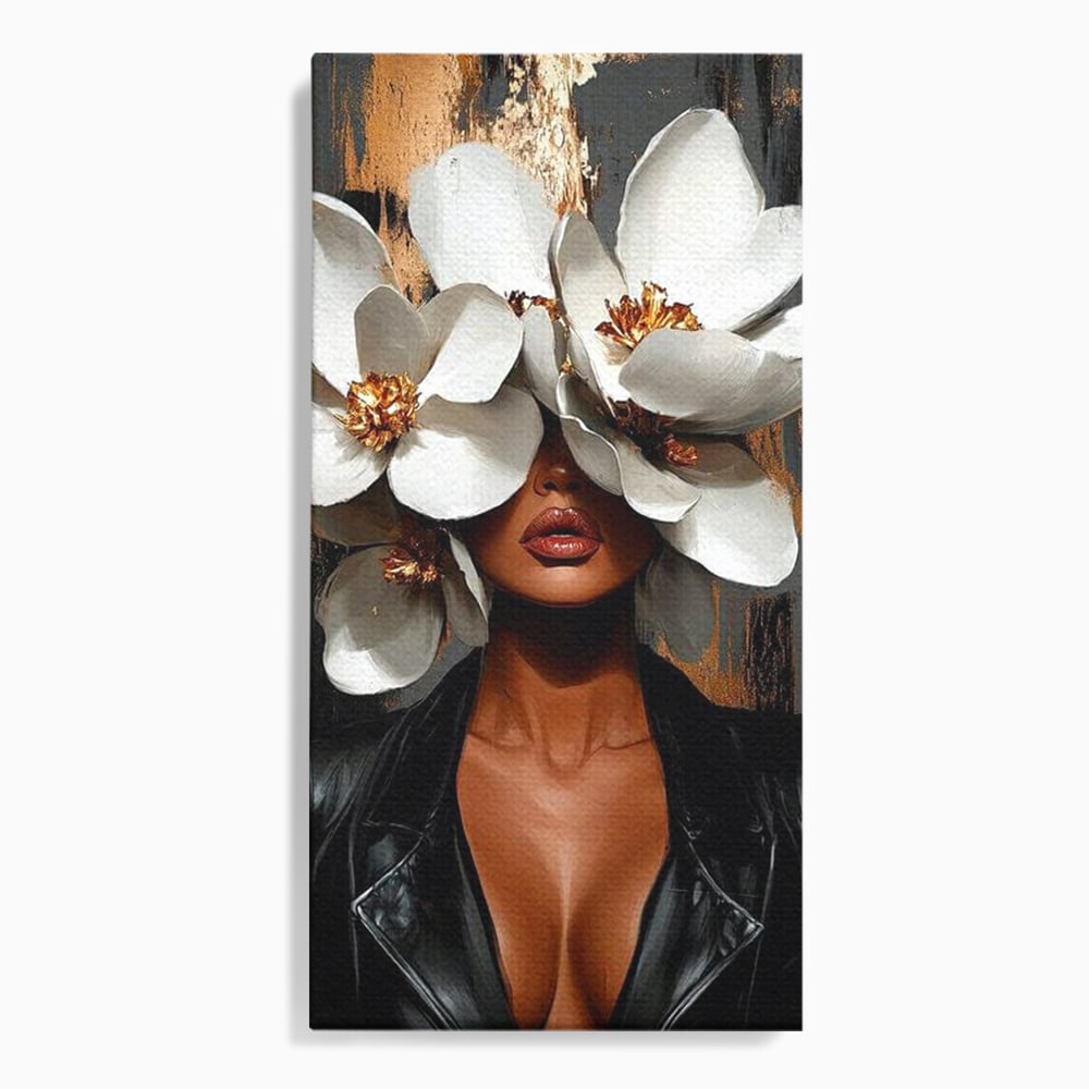 Tablou Canvas Premium, LuxCanva® G1188, Magnolii si Piele, Fragil, Jacheta, Piele, Senzualitate, Fashion, Art, Forta, Gratie, Monocrom, Taina, Trup, Atitudine, Birou, Living, Dormitor