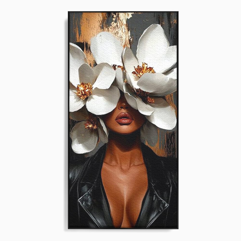 Tablou Canvas Premium, LuxCanva® G1188, Magnolii si Piele, Fragil, Jacheta, Piele, Senzualitate, Fashion, Art, Forta, Gratie, Monocrom, Taina, Trup, Atitudine, Birou, Living, Dormitor