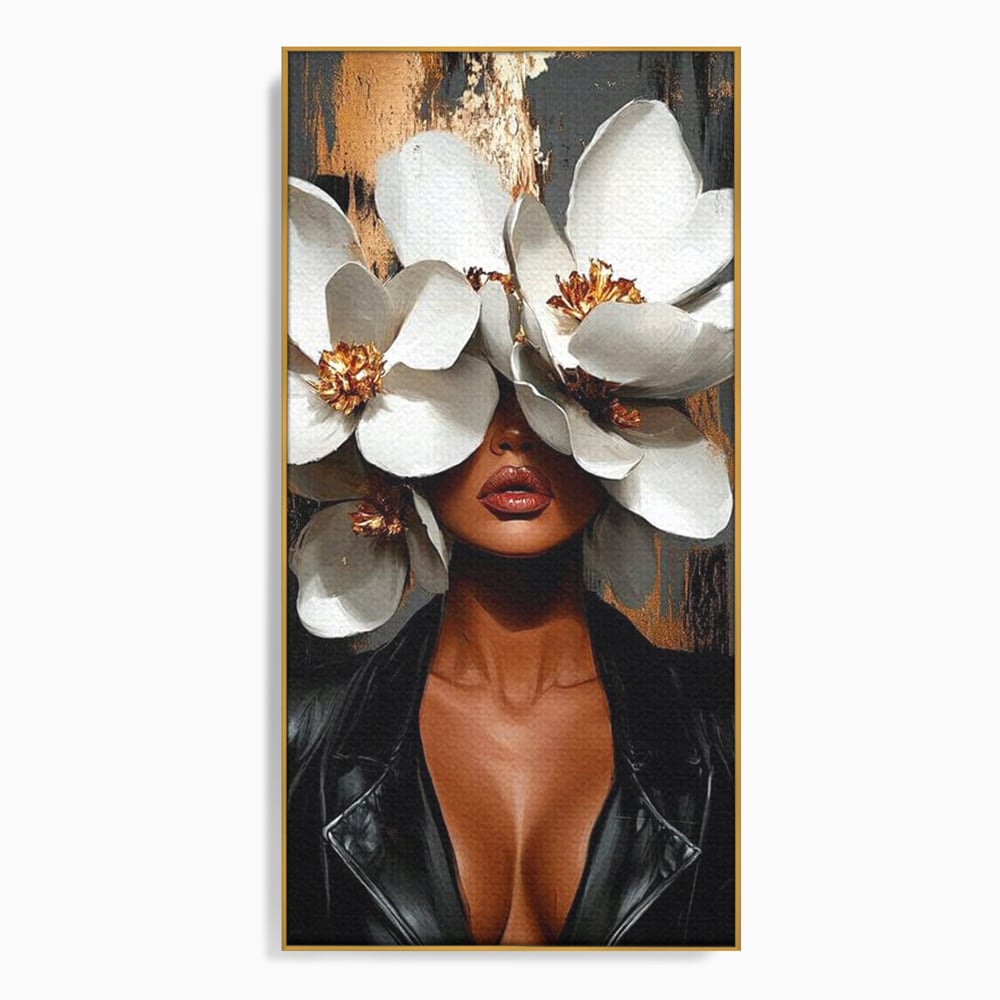 Tablou Canvas Premium, LuxCanva® G1188, Magnolii si Piele, Fragil, Jacheta, Piele, Senzualitate, Fashion, Art, Forta, Gratie, Monocrom, Taina, Trup, Atitudine, Birou, Living, Dormitor