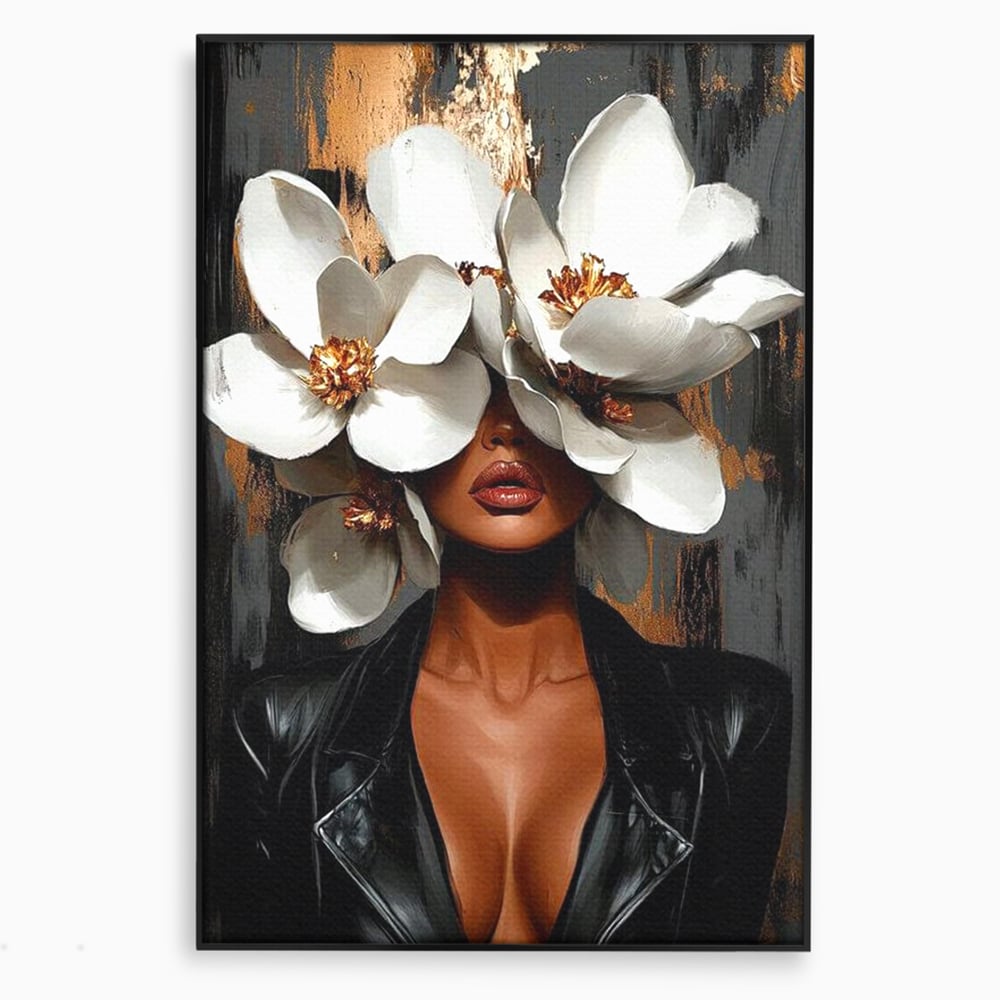 Tablou Canvas Premium, LuxCanva® G1188, Magnolii si Piele, Fragil, Jacheta, Piele, Senzualitate, Fashion, Art, Forta, Gratie, Monocrom, Taina, Trup, Atitudine, Birou, Living, Dormitor