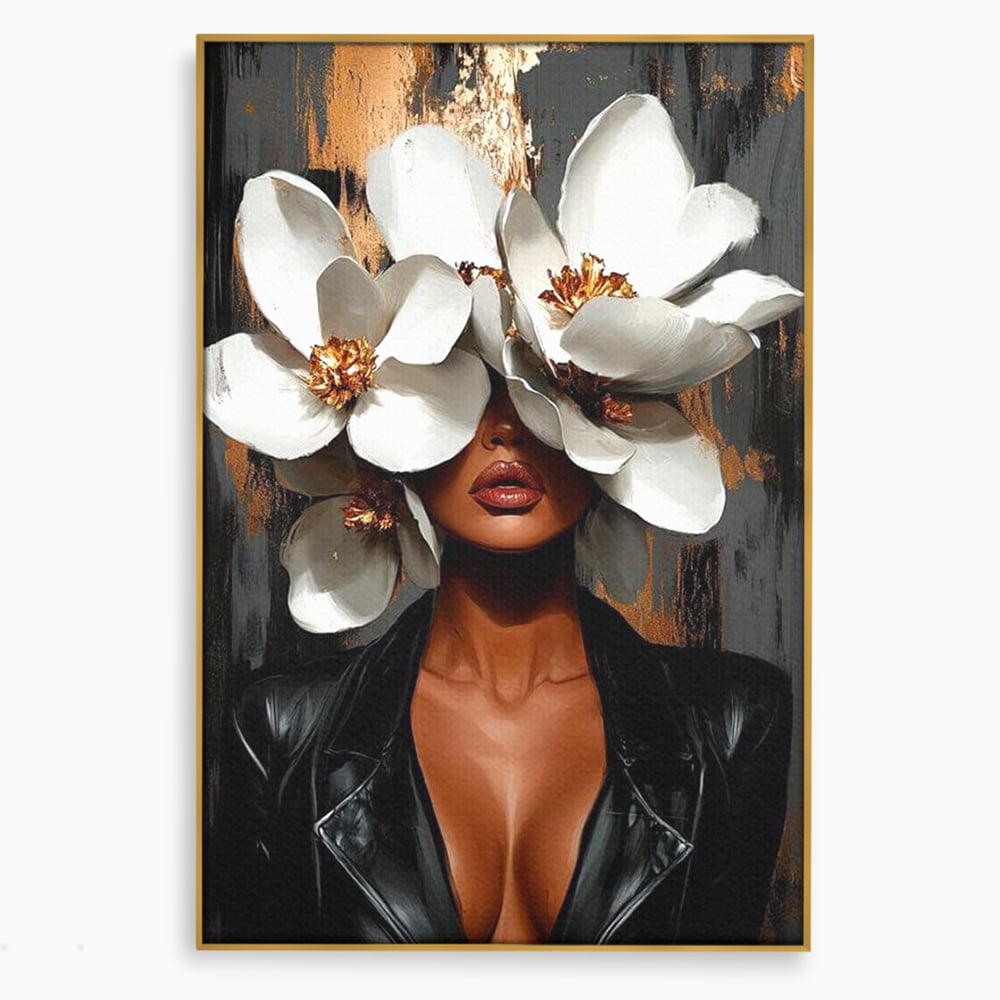 Tablou Canvas Premium, LuxCanva® G1188, Magnolii si Piele, Fragil, Jacheta, Piele, Senzualitate, Fashion, Art, Forta, Gratie, Monocrom, Taina, Trup, Atitudine, Birou, Living, Dormitor