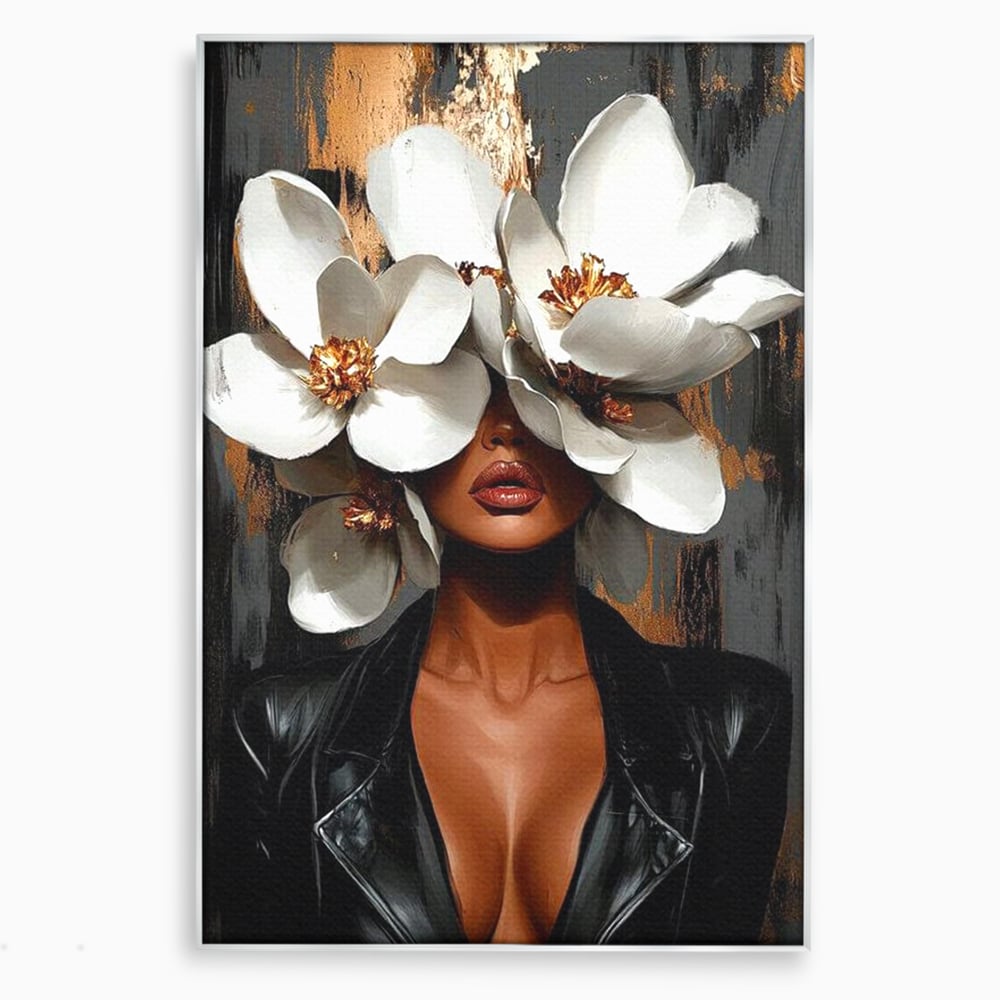 Tablou Canvas Premium, LuxCanva® G1188, Magnolii si Piele, Fragil, Jacheta, Piele, Senzualitate, Fashion, Art, Forta, Gratie, Monocrom, Taina, Trup, Atitudine, Birou, Living, Dormitor