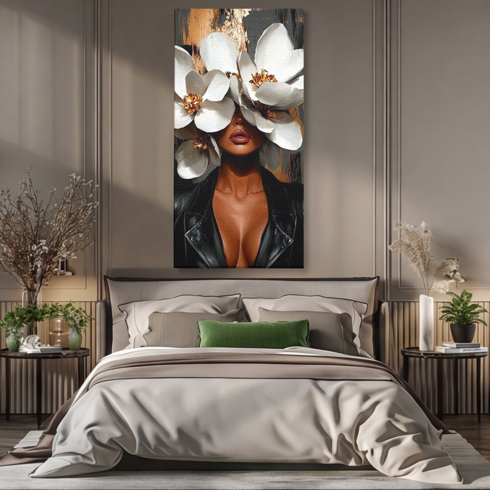 Tablou Canvas Premium, LuxCanva® G1188, Magnolii si Piele, Fragil, Jacheta, Piele, Senzualitate, Fashion, Art, Forta, Gratie, Monocrom, Taina, Trup, Atitudine, Birou, Living, Dormitor