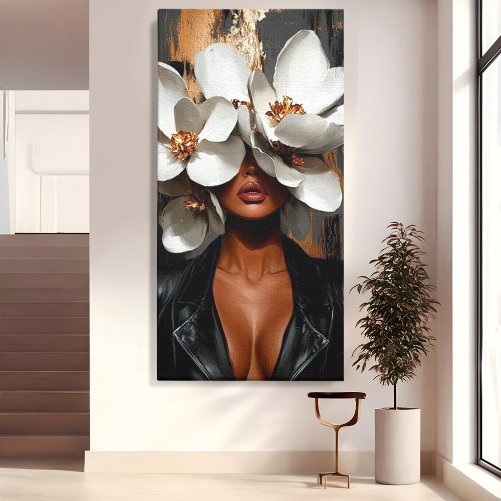 Tablou Canvas Premium, LuxCanva® G1188, Magnolii si Piele, Fragil, Jacheta, Piele, Senzualitate, Fashion, Art, Forta, Gratie, Monocrom, Taina, Trup, Atitudine, Birou, Living, Dormitor