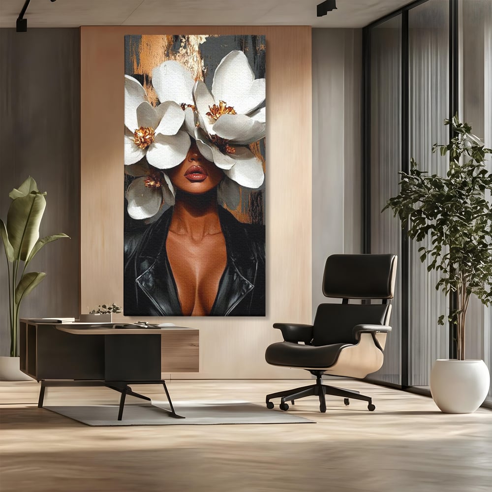 Tablou Canvas Premium, LuxCanva® G1188, Magnolii si Piele, Fragil, Jacheta, Piele, Senzualitate, Fashion, Art, Forta, Gratie, Monocrom, Taina, Trup, Atitudine, Birou, Living, Dormitor