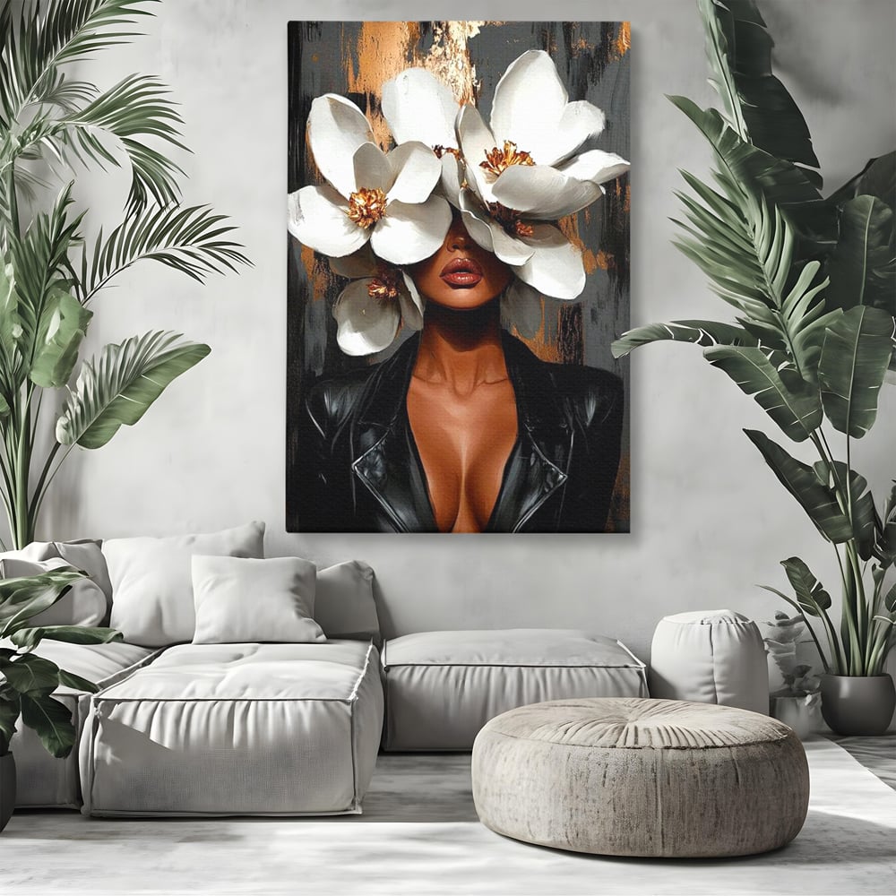 Tablou Canvas Premium, LuxCanva® G1188, Magnolii si Piele, Fragil, Jacheta, Piele, Senzualitate, Fashion, Art, Forta, Gratie, Monocrom, Taina, Trup, Atitudine, Birou, Living, Dormitor