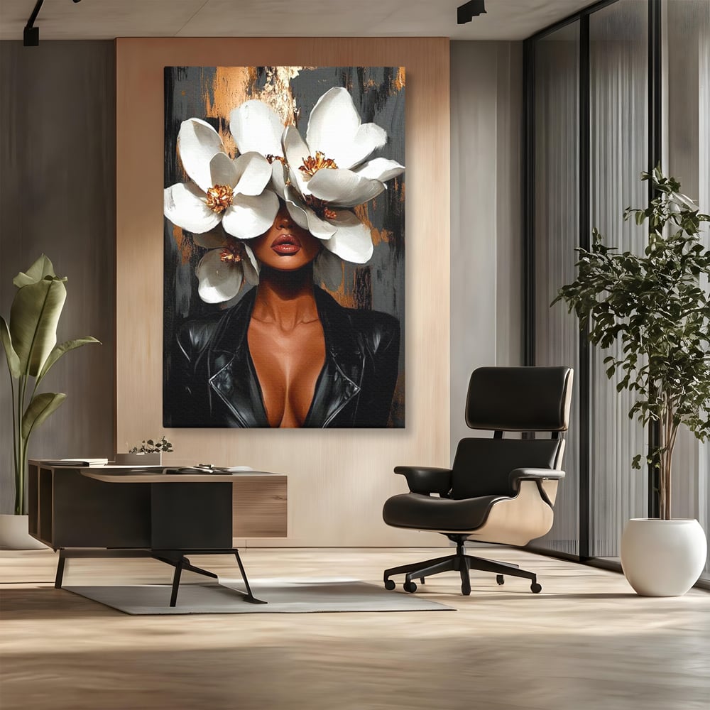 Tablou Canvas Premium, LuxCanva® G1188, Magnolii si Piele, Fragil, Jacheta, Piele, Senzualitate, Fashion, Art, Forta, Gratie, Monocrom, Taina, Trup, Atitudine, Birou, Living, Dormitor