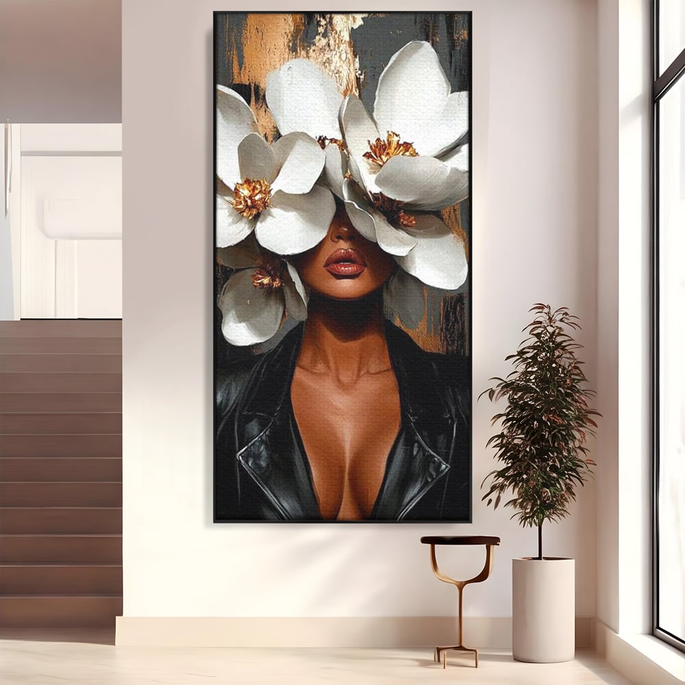 Tablou Canvas Premium, LuxCanva® G1188, Magnolii si Piele, Fragil, Jacheta, Piele, Senzualitate, Fashion, Art, Forta, Gratie, Monocrom, Taina, Trup, Atitudine, Birou, Living, Dormitor