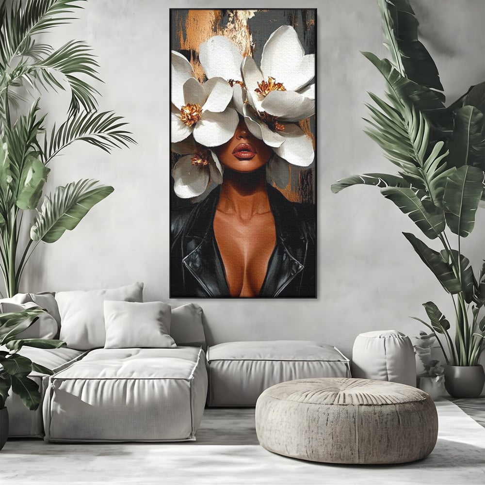 Tablou Canvas Premium, LuxCanva® G1188, Magnolii si Piele, Fragil, Jacheta, Piele, Senzualitate, Fashion, Art, Forta, Gratie, Monocrom, Taina, Trup, Atitudine, Birou, Living, Dormitor