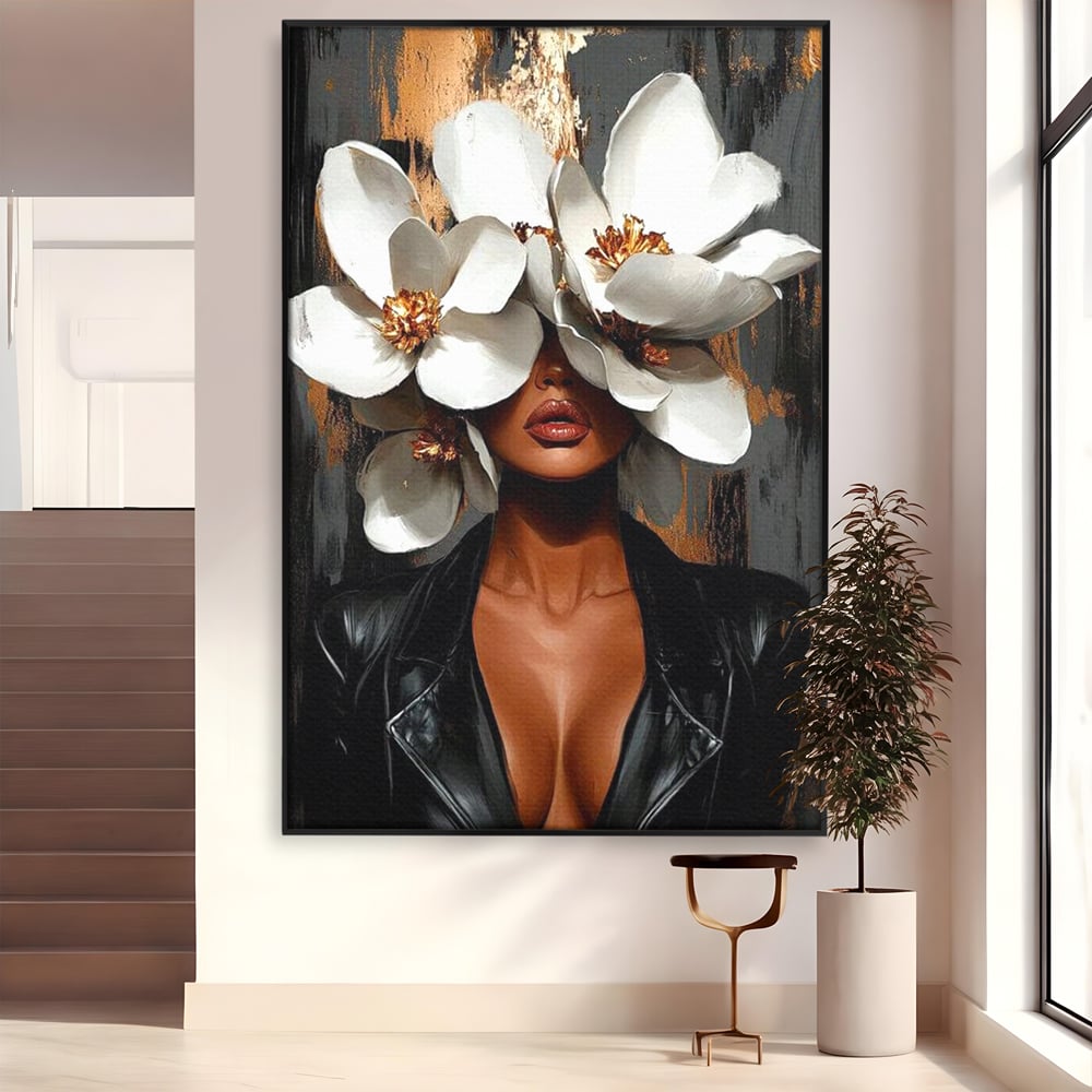 Tablou Canvas Premium, LuxCanva® G1188, Magnolii si Piele, Fragil, Jacheta, Piele, Senzualitate, Fashion, Art, Forta, Gratie, Monocrom, Taina, Trup, Atitudine, Birou, Living, Dormitor