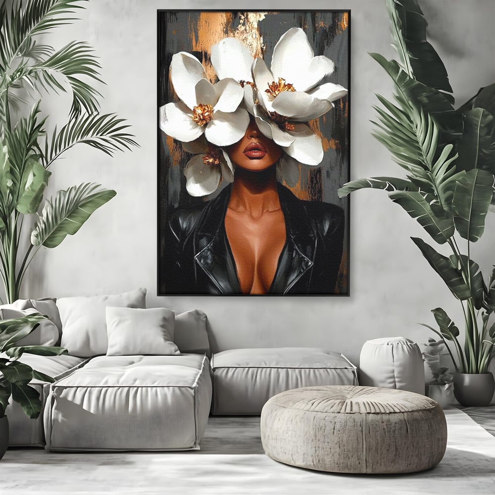 Tablou Canvas Premium, LuxCanva® G1188, Magnolii si Piele, Fragil, Jacheta, Piele, Senzualitate, Fashion, Art, Forta, Gratie, Monocrom, Taina, Trup, Atitudine, Birou, Living, Dormitor