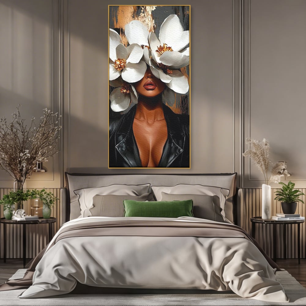 Tablou Canvas Premium, LuxCanva® G1188, Magnolii si Piele, Fragil, Jacheta, Piele, Senzualitate, Fashion, Art, Forta, Gratie, Monocrom, Taina, Trup, Atitudine, Birou, Living, Dormitor