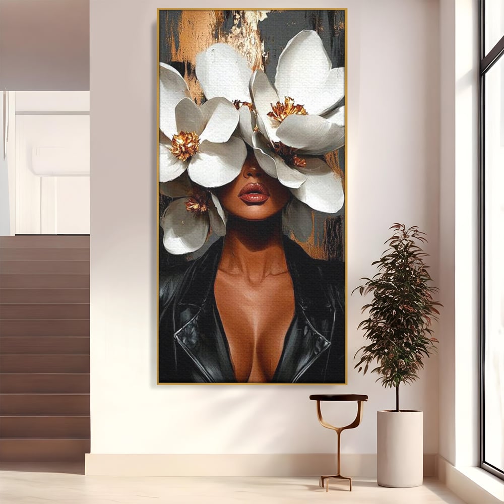 Tablou Canvas Premium, LuxCanva® G1188, Magnolii si Piele, Fragil, Jacheta, Piele, Senzualitate, Fashion, Art, Forta, Gratie, Monocrom, Taina, Trup, Atitudine, Birou, Living, Dormitor