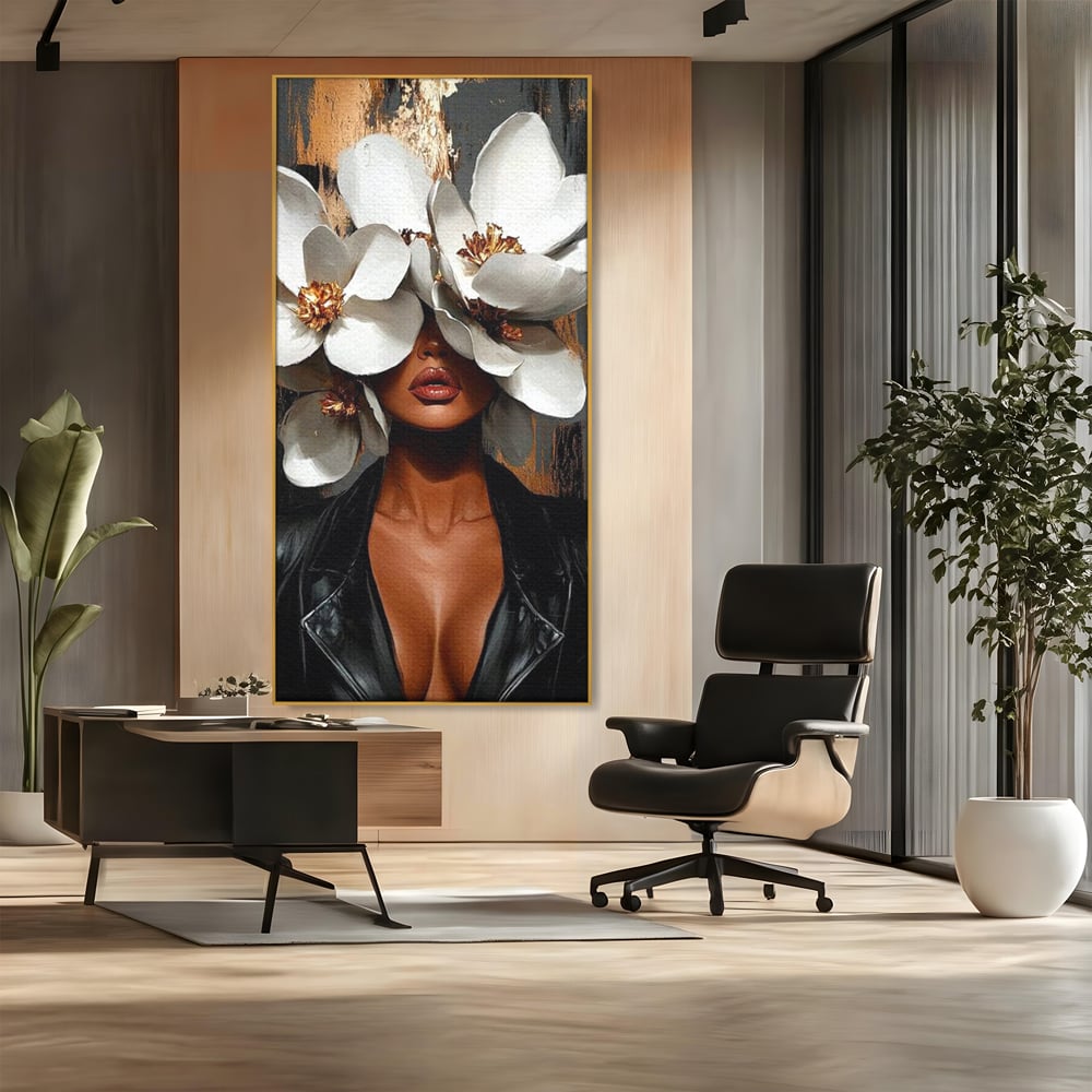 Tablou Canvas Premium, LuxCanva® G1188, Magnolii si Piele, Fragil, Jacheta, Piele, Senzualitate, Fashion, Art, Forta, Gratie, Monocrom, Taina, Trup, Atitudine, Birou, Living, Dormitor