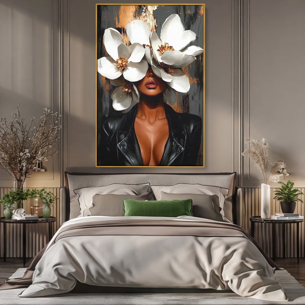 Tablou Canvas Premium, LuxCanva® G1188, Magnolii si Piele, Fragil, Jacheta, Piele, Senzualitate, Fashion, Art, Forta, Gratie, Monocrom, Taina, Trup, Atitudine, Birou, Living, Dormitor