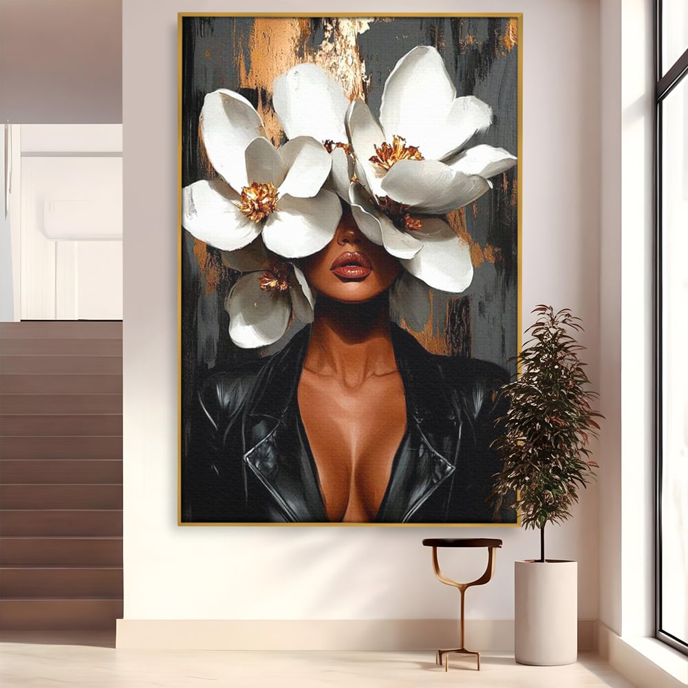 Tablou Canvas Premium, LuxCanva® G1188, Magnolii si Piele, Fragil, Jacheta, Piele, Senzualitate, Fashion, Art, Forta, Gratie, Monocrom, Taina, Trup, Atitudine, Birou, Living, Dormitor