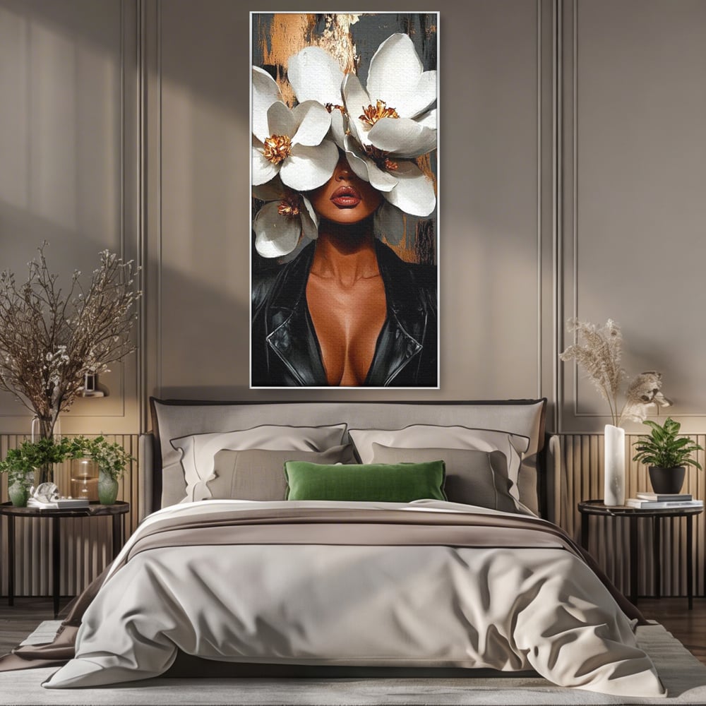 Tablou Canvas Premium, LuxCanva® G1188, Magnolii si Piele, Fragil, Jacheta, Piele, Senzualitate, Fashion, Art, Forta, Gratie, Monocrom, Taina, Trup, Atitudine, Birou, Living, Dormitor