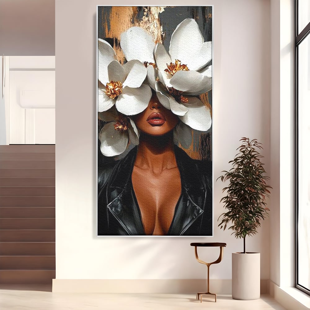 Tablou Canvas Premium, LuxCanva® G1188, Magnolii si Piele, Fragil, Jacheta, Piele, Senzualitate, Fashion, Art, Forta, Gratie, Monocrom, Taina, Trup, Atitudine, Birou, Living, Dormitor