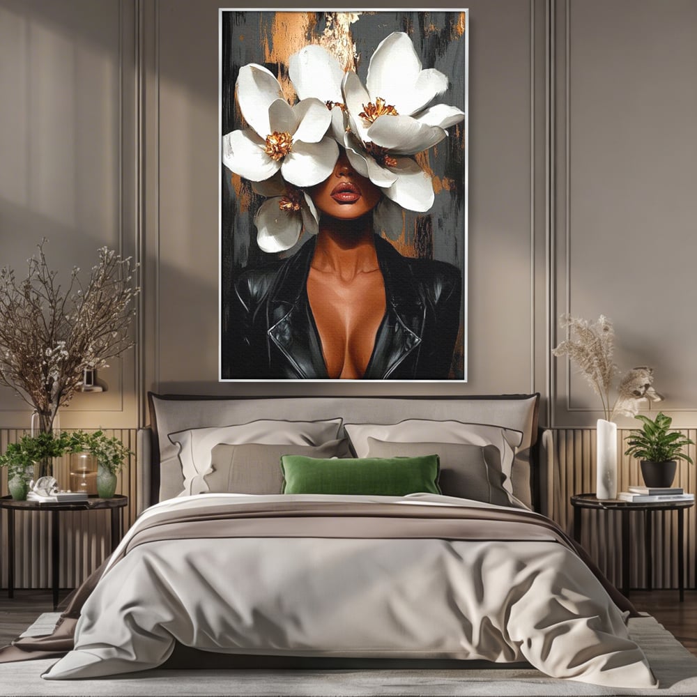 Tablou Canvas Premium, LuxCanva® G1188, Magnolii si Piele, Fragil, Jacheta, Piele, Senzualitate, Fashion, Art, Forta, Gratie, Monocrom, Taina, Trup, Atitudine, Birou, Living, Dormitor