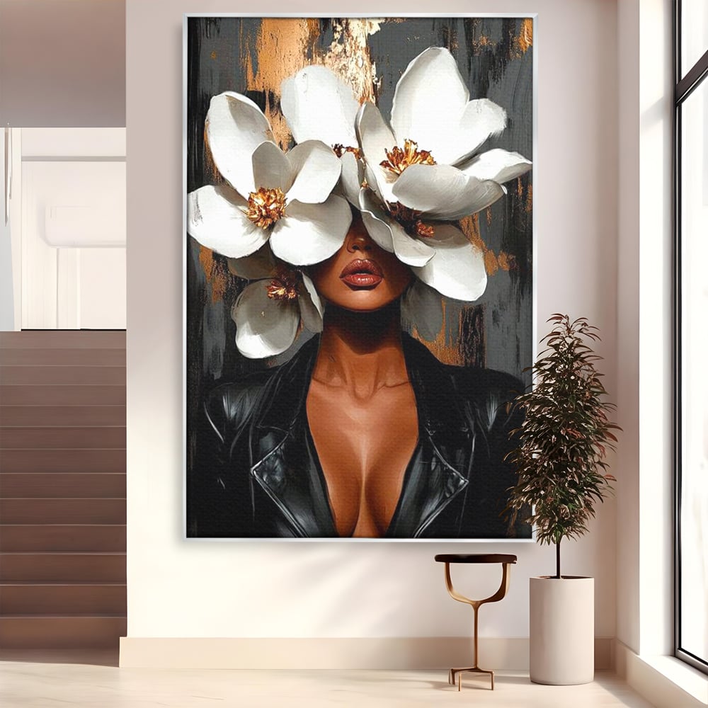 Tablou Canvas Premium, LuxCanva® G1188, Magnolii si Piele, Fragil, Jacheta, Piele, Senzualitate, Fashion, Art, Forta, Gratie, Monocrom, Taina, Trup, Atitudine, Birou, Living, Dormitor