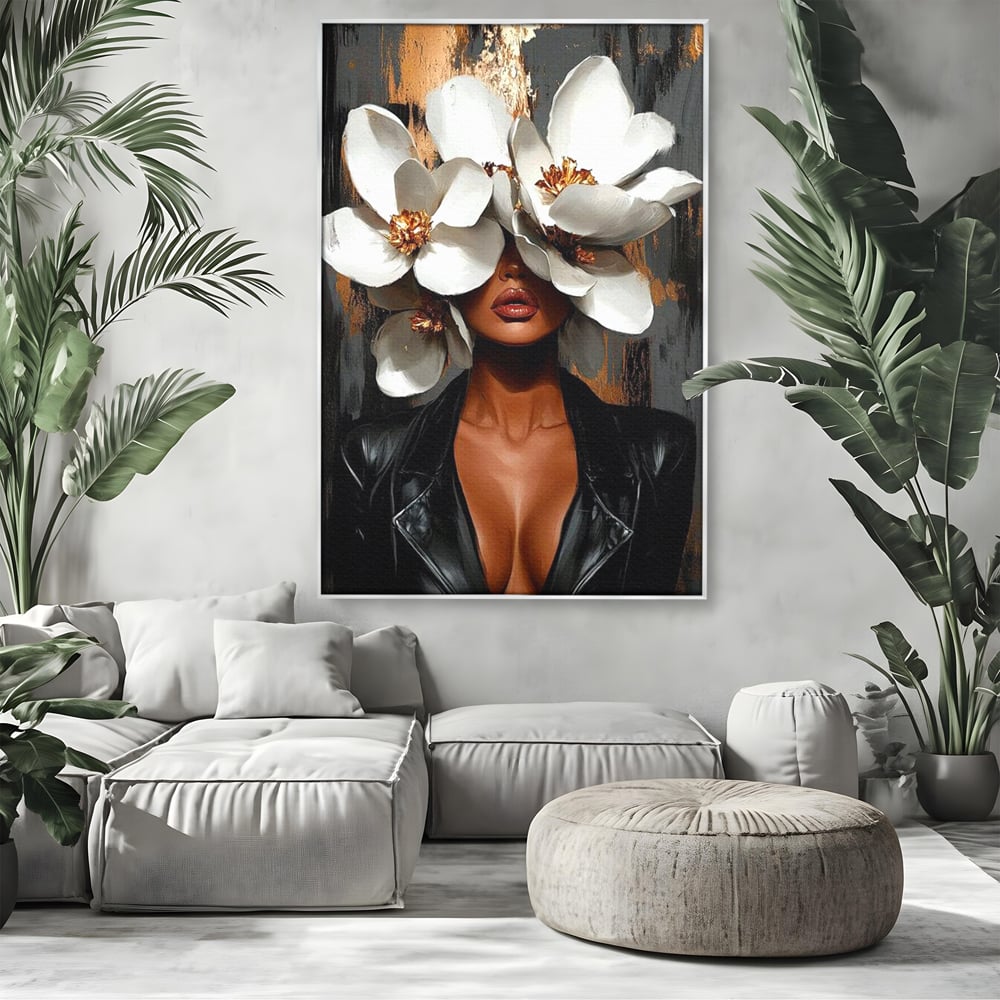 Tablou Canvas Premium, LuxCanva® G1188, Magnolii si Piele, Fragil, Jacheta, Piele, Senzualitate, Fashion, Art, Forta, Gratie, Monocrom, Taina, Trup, Atitudine, Birou, Living, Dormitor