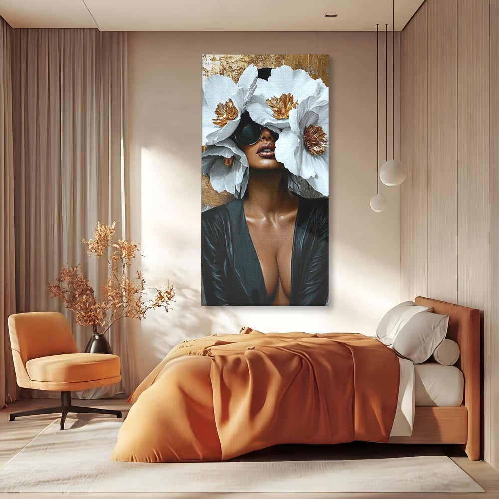 Tablou Canvas Premium, LuxCanva® G1189, Imparateasa Tacuta, Petale, Aur, Ochelari, Piele, Feminitate, Puternica, Lux, Silueta, Tacere, Liniste, Glamour, Artistic, Birou, Living, Dormitor