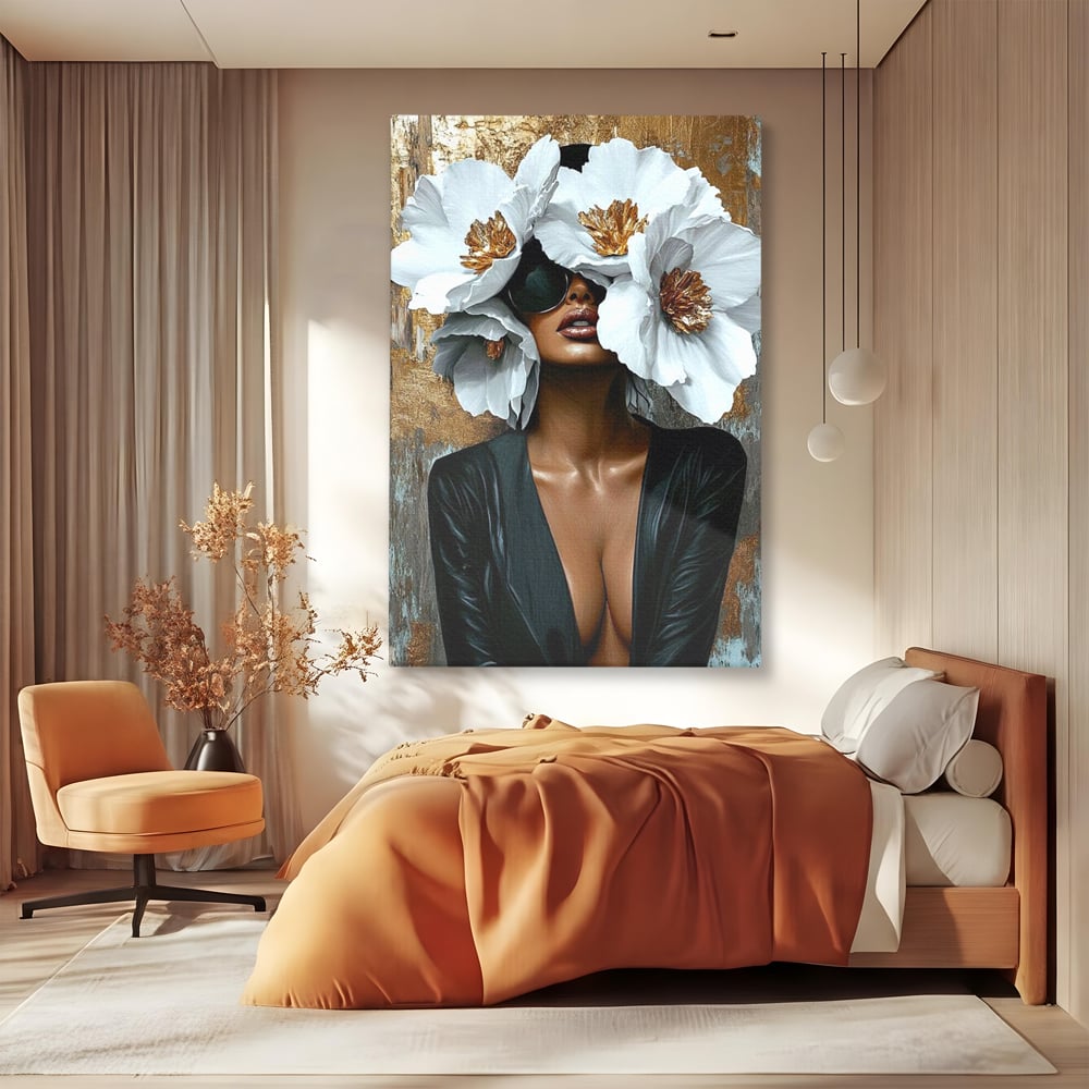 Tablou Canvas Premium, LuxCanva® G1189, Imparateasa Tacuta, Petale, Aur, Ochelari, Piele, Feminitate, Puternica, Lux, Silueta, Tacere, Liniste, Glamour, Artistic, Birou, Living, Dormitor