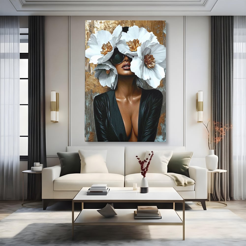 Tablou Canvas Premium, LuxCanva® G1189, Imparateasa Tacuta, Petale, Aur, Ochelari, Piele, Feminitate, Puternica, Lux, Silueta, Tacere, Liniste, Glamour, Artistic, Birou, Living, Dormitor