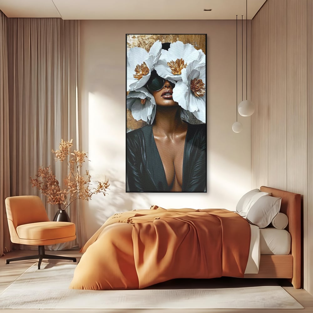 Tablou Canvas Premium, LuxCanva® G1189, Imparateasa Tacuta, Petale, Aur, Ochelari, Piele, Feminitate, Puternica, Lux, Silueta, Tacere, Liniste, Glamour, Artistic, Birou, Living, Dormitor