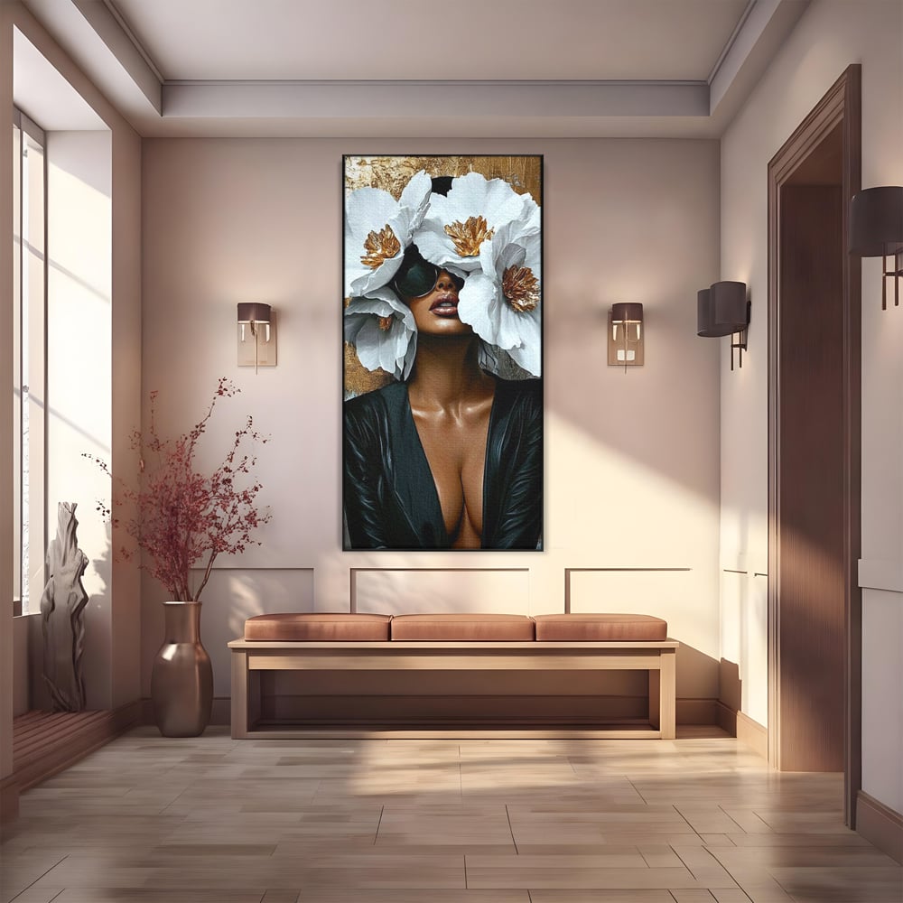 Tablou Canvas Premium, LuxCanva® G1189, Imparateasa Tacuta, Petale, Aur, Ochelari, Piele, Feminitate, Puternica, Lux, Silueta, Tacere, Liniste, Glamour, Artistic, Birou, Living, Dormitor