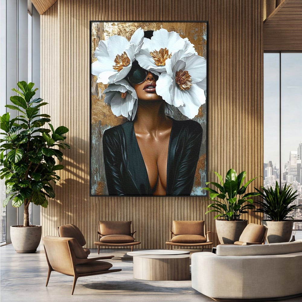 Tablou Canvas Premium, LuxCanva® G1189, Imparateasa Tacuta, Petale, Aur, Ochelari, Piele, Feminitate, Puternica, Lux, Silueta, Tacere, Liniste, Glamour, Artistic, Birou, Living, Dormitor