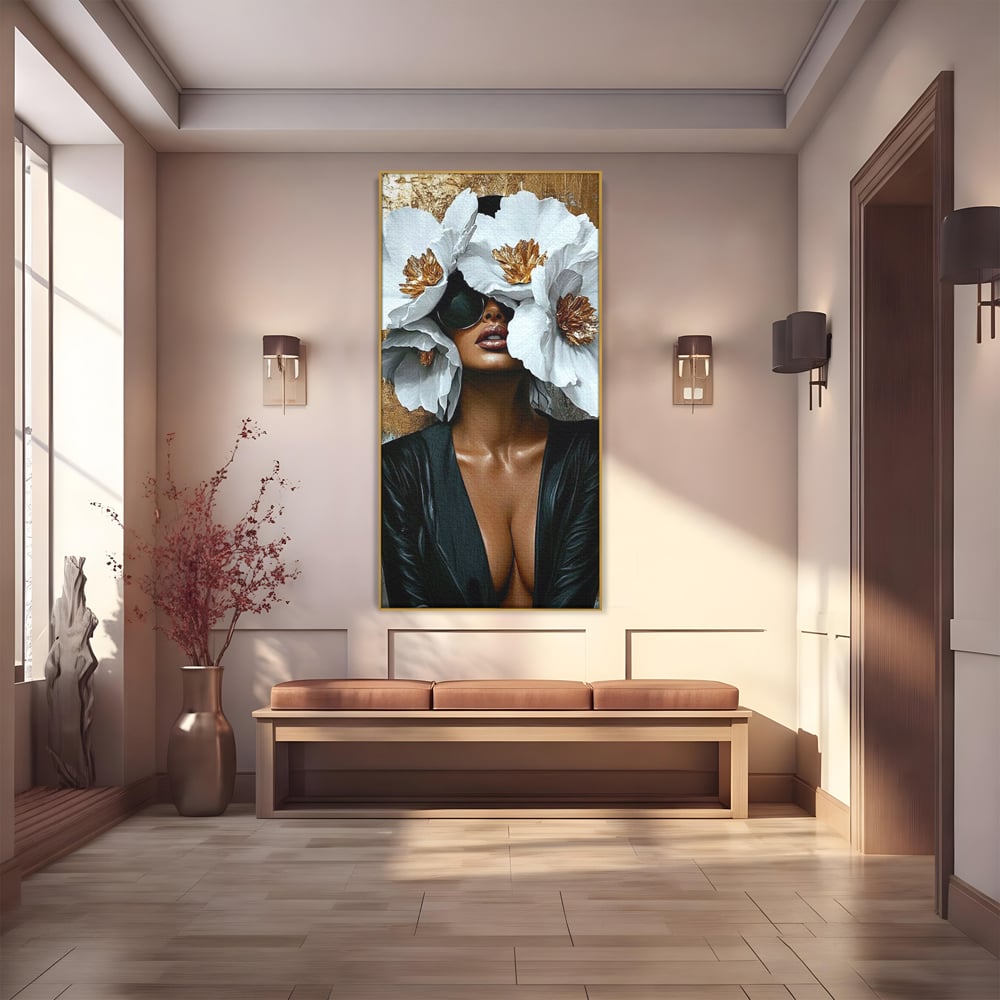 Tablou Canvas Premium, LuxCanva® G1189, Imparateasa Tacuta, Petale, Aur, Ochelari, Piele, Feminitate, Puternica, Lux, Silueta, Tacere, Liniste, Glamour, Artistic, Birou, Living, Dormitor