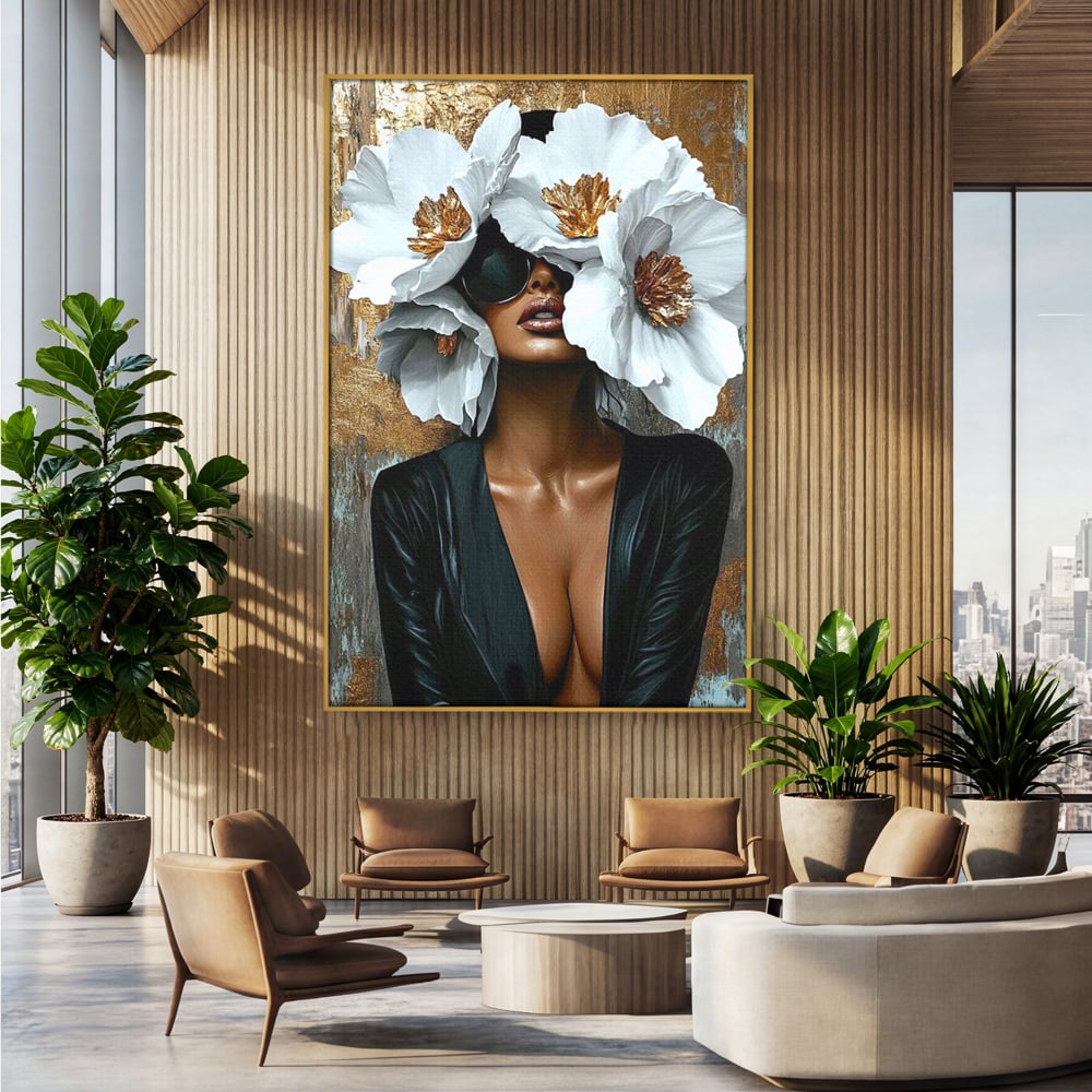 Tablou Canvas Premium, LuxCanva® G1189, Imparateasa Tacuta, Petale, Aur, Ochelari, Piele, Feminitate, Puternica, Lux, Silueta, Tacere, Liniste, Glamour, Artistic, Birou, Living, Dormitor