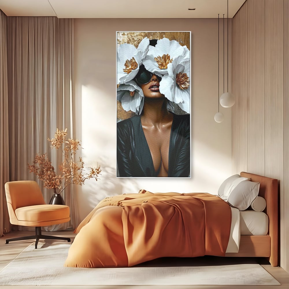 Tablou Canvas Premium, LuxCanva® G1189, Imparateasa Tacuta, Petale, Aur, Ochelari, Piele, Feminitate, Puternica, Lux, Silueta, Tacere, Liniste, Glamour, Artistic, Birou, Living, Dormitor