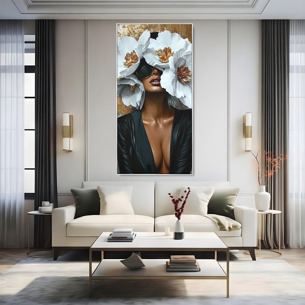 Tablou Canvas Premium, LuxCanva® G1189, Imparateasa Tacuta, Petale, Aur, Ochelari, Piele, Feminitate, Puternica, Lux, Silueta, Tacere, Liniste, Glamour, Artistic, Birou, Living, Dormitor