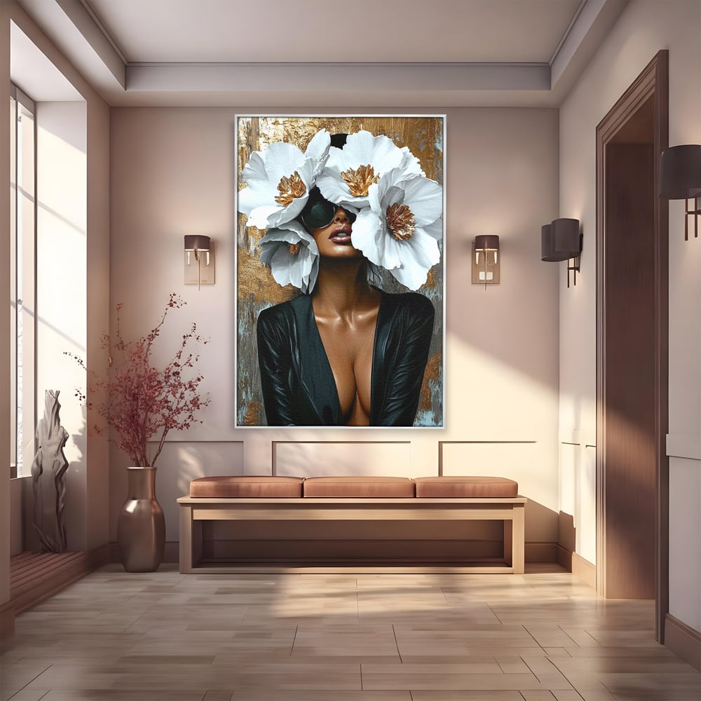 Tablou Canvas Premium, LuxCanva® G1189, Imparateasa Tacuta, Petale, Aur, Ochelari, Piele, Feminitate, Puternica, Lux, Silueta, Tacere, Liniste, Glamour, Artistic, Birou, Living, Dormitor