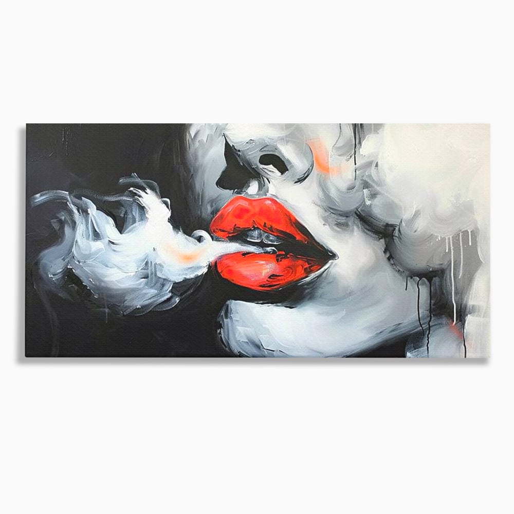 Tablou Canvas Premium, LuxCanva® G1190, Arome Interzise, Buze, Rosu, Fum, Tutun, Tigara, Abur, Pasiune, Bar, Noapte, Catifea, Foc, Seductie, Ceata, Oras, Club, Birou, Living, Dormitor
