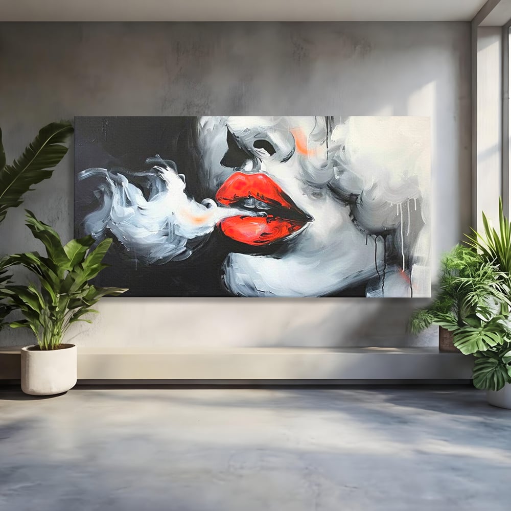 Tablou Canvas Premium, LuxCanva® G1190, Arome Interzise, Buze, Rosu, Fum, Tutun, Tigara, Abur, Pasiune, Bar, Noapte, Catifea, Foc, Seductie, Ceata, Oras, Club, Birou, Living, Dormitor