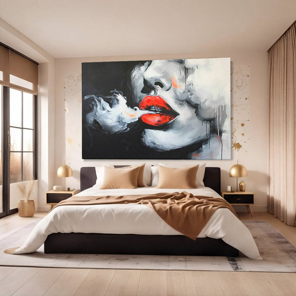Tablou Canvas Premium, LuxCanva® G1190, Arome Interzise, Buze, Rosu, Fum, Tutun, Tigara, Abur, Pasiune, Bar, Noapte, Catifea, Foc, Seductie, Ceata, Oras, Club, Birou, Living, Dormitor