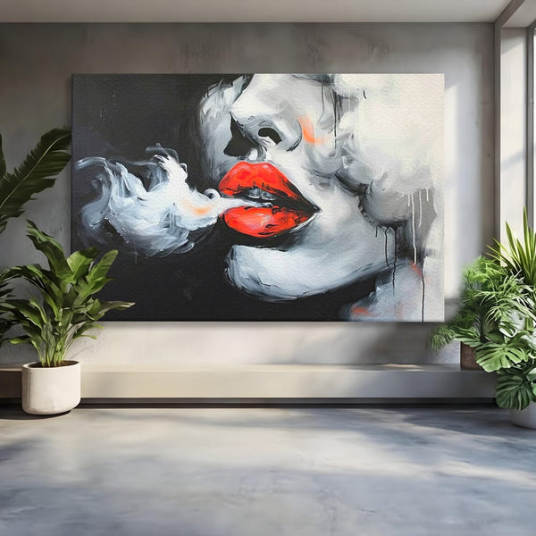 Tablou Canvas Premium, LuxCanva® G1190, Arome Interzise, Buze, Rosu, Fum, Tutun, Tigara, Abur, Pasiune, Bar, Noapte, Catifea, Foc, Seductie, Ceata, Oras, Club, Birou, Living, Dormitor