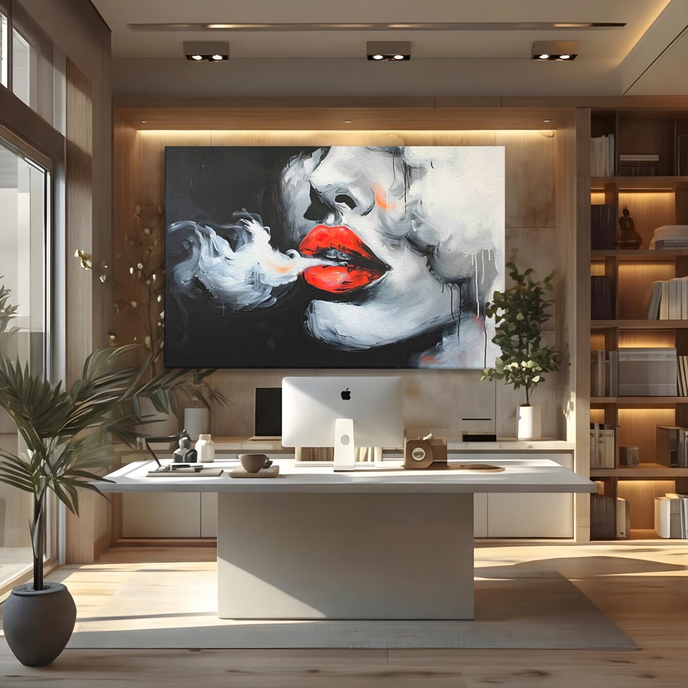 Tablou Canvas Premium, LuxCanva® G1190, Arome Interzise, Buze, Rosu, Fum, Tutun, Tigara, Abur, Pasiune, Bar, Noapte, Catifea, Foc, Seductie, Ceata, Oras, Club, Birou, Living, Dormitor