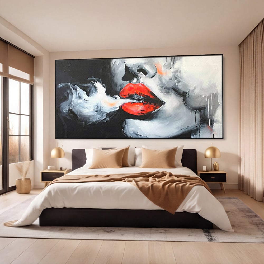 Tablou Canvas Premium, LuxCanva® G1190, Arome Interzise, Buze, Rosu, Fum, Tutun, Tigara, Abur, Pasiune, Bar, Noapte, Catifea, Foc, Seductie, Ceata, Oras, Club, Birou, Living, Dormitor